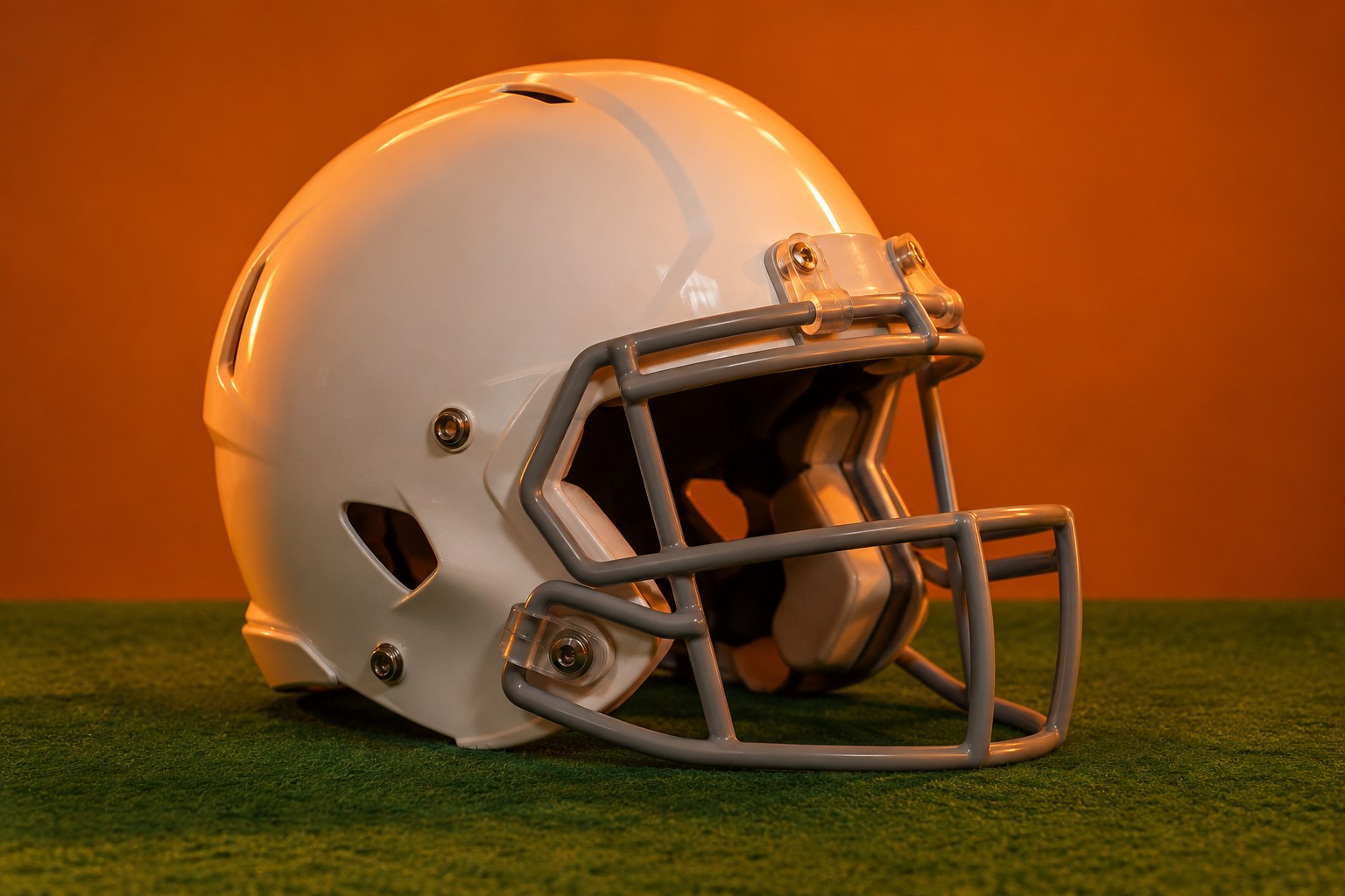 a white American football helmet with a plain grey face mask on green felt photographed in a studio
