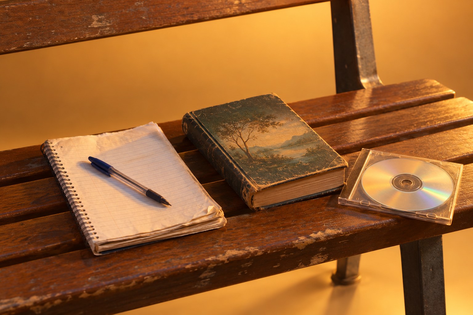 A well-thumbed spiral notebook with a biro resting on it, a worn hardcover book of poems and a burned CD in a jewel case sitting together on a wooden bus stop bench in 1990s Australia