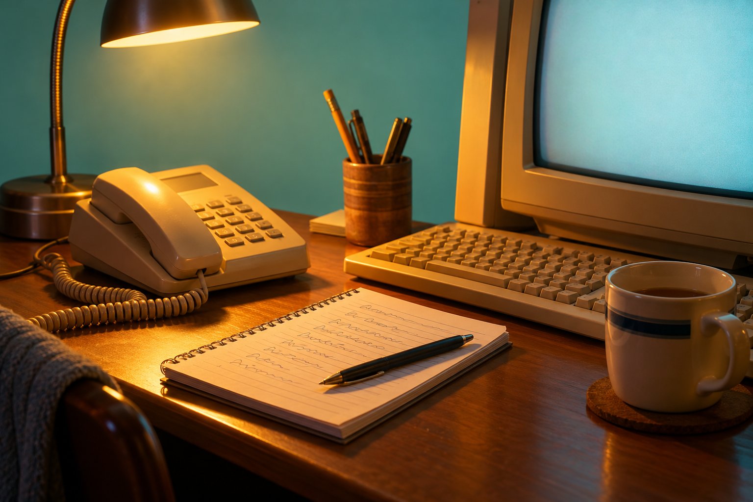 A notepad with a scribbled list and pen on a bedroom desk beside a corded phone and a computer monitor, 1990s Australia.