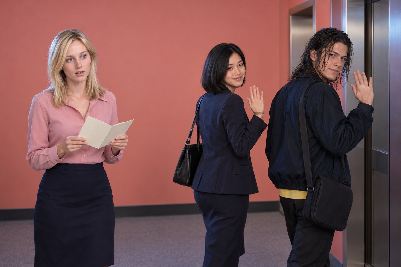 A young woman holds a farewell card with a surprised look in an office hallway as colleagues wave goodbye.