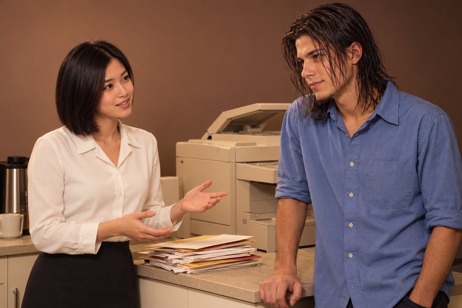 A young woman and a young man talking earnestly beside a photocopier with a stack of mail in a 1990s office kitchen.