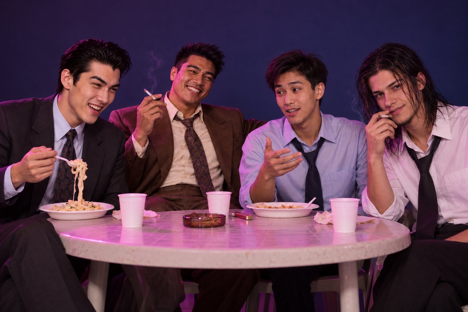 Office workers in shirts and ties laugh over lunch at a plastic table in a 1990s city food court.