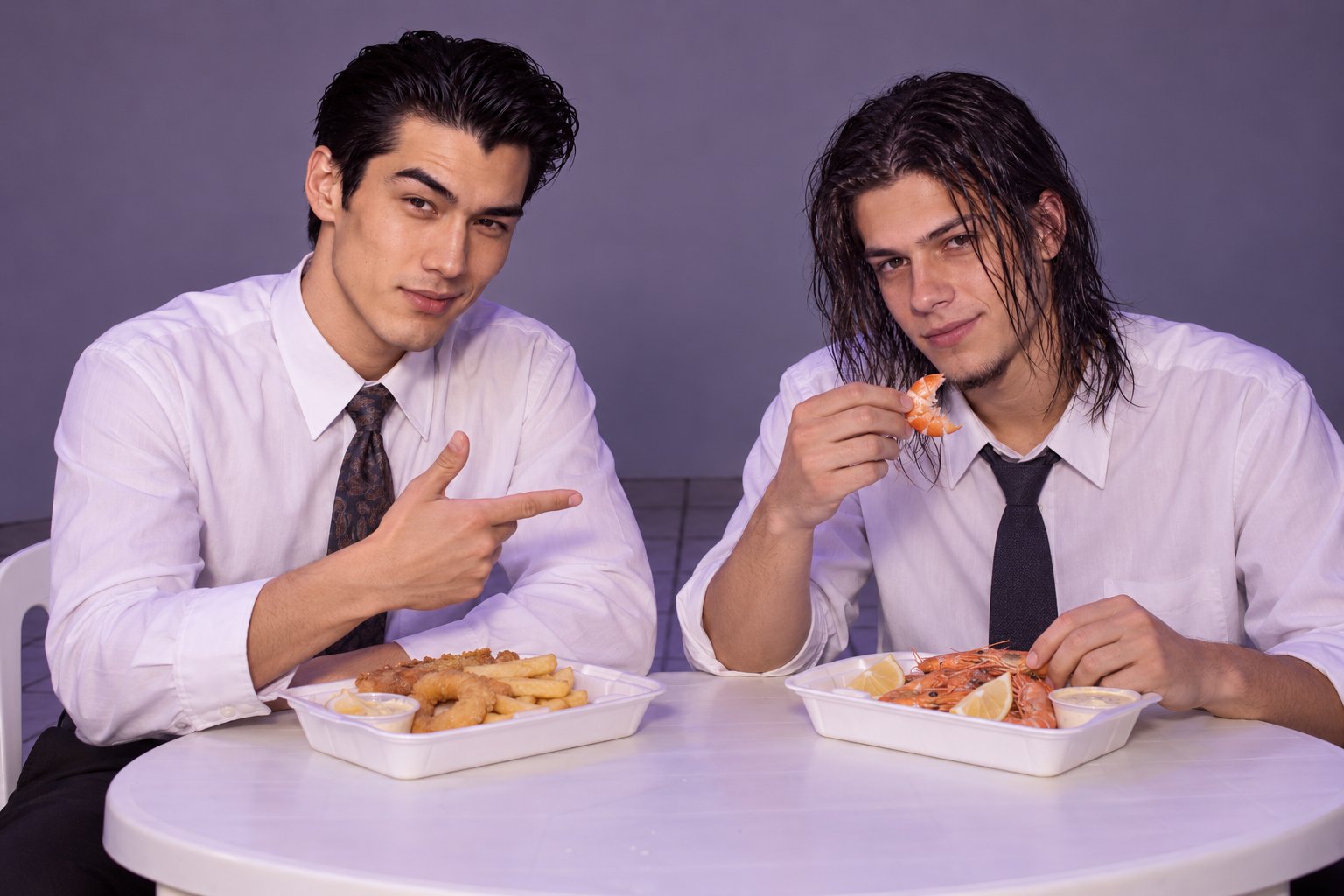 Two young men in office shirts and ties share food court seafood at a plastic table, 1990s Australia.