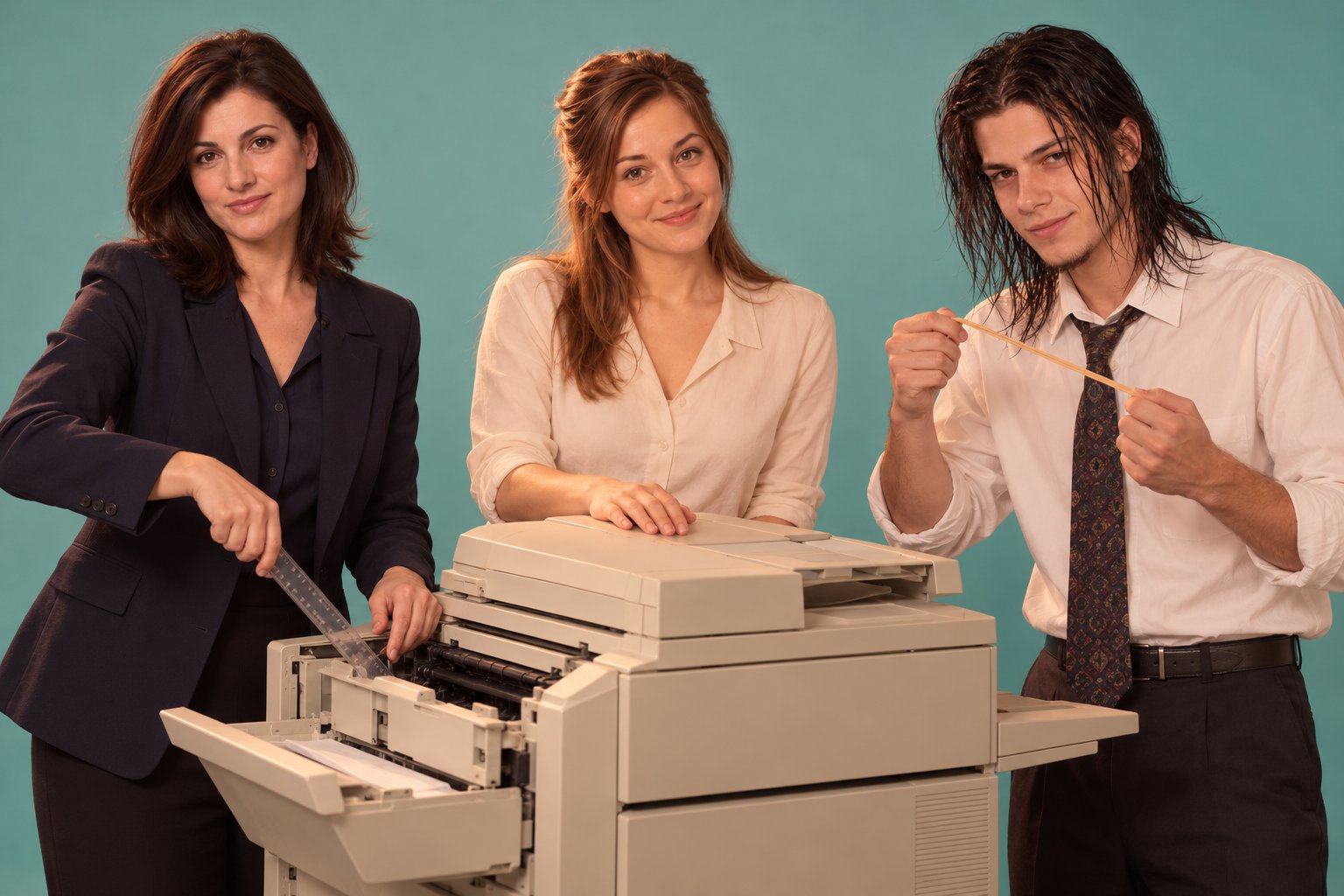 Two women and a young man gather around a photocopier with its paper tray open in a 1990s Australian office.
