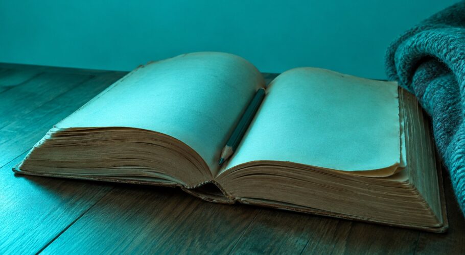An open old paperback with a pencil resting in it