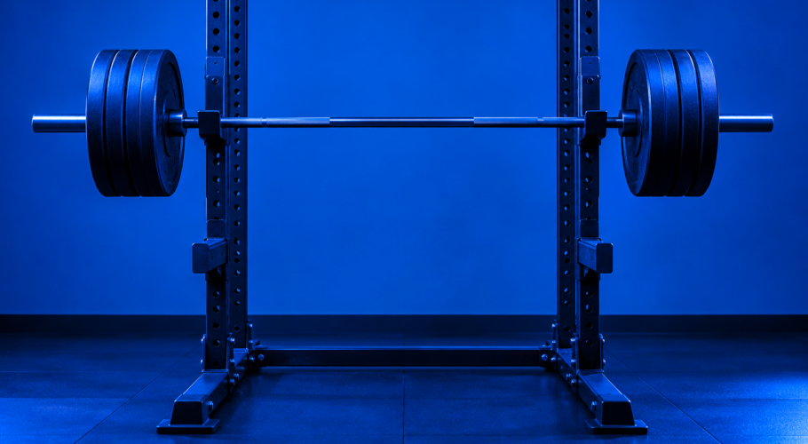 Loaded barbell on a squat rack in blue light