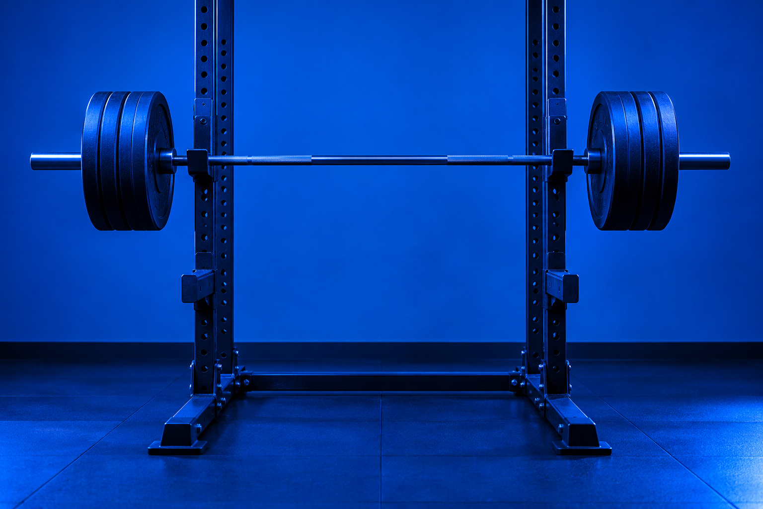 Loaded barbell on a squat rack in blue light