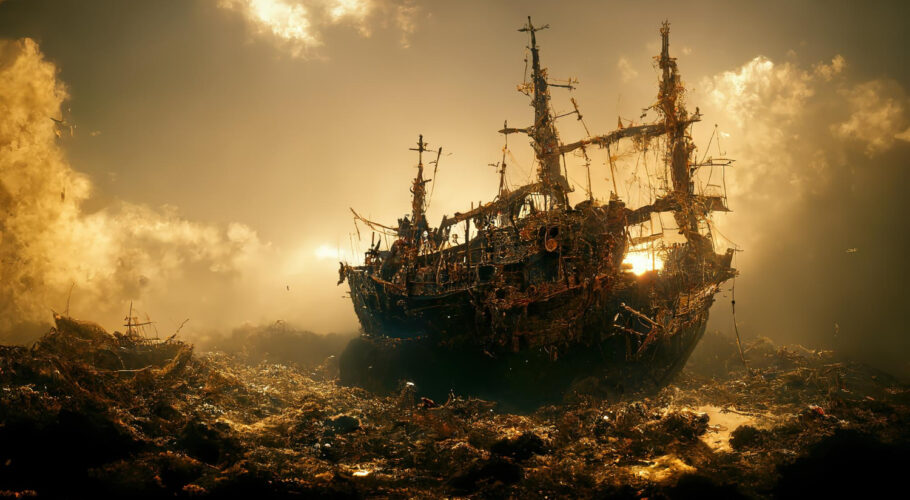 old wrecked ships rest junkyard beneath sky