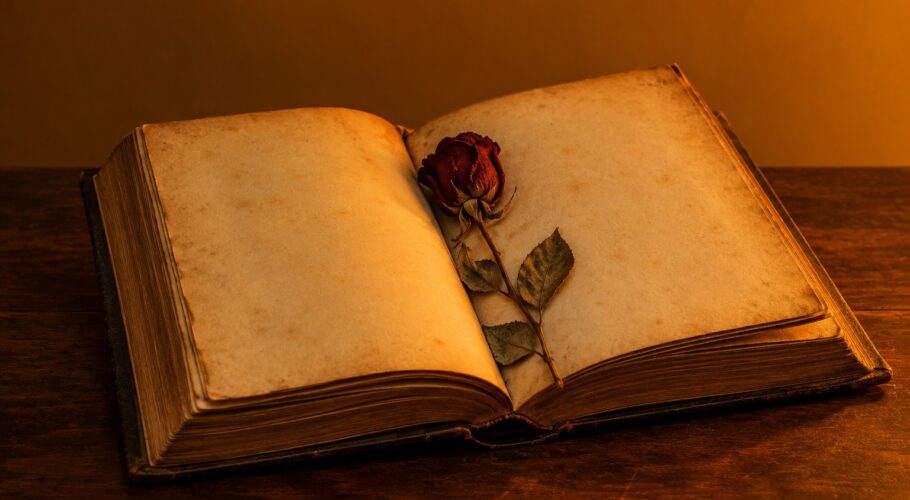 An open antique book with a dried red rose pressed between yellowed pages under amber light