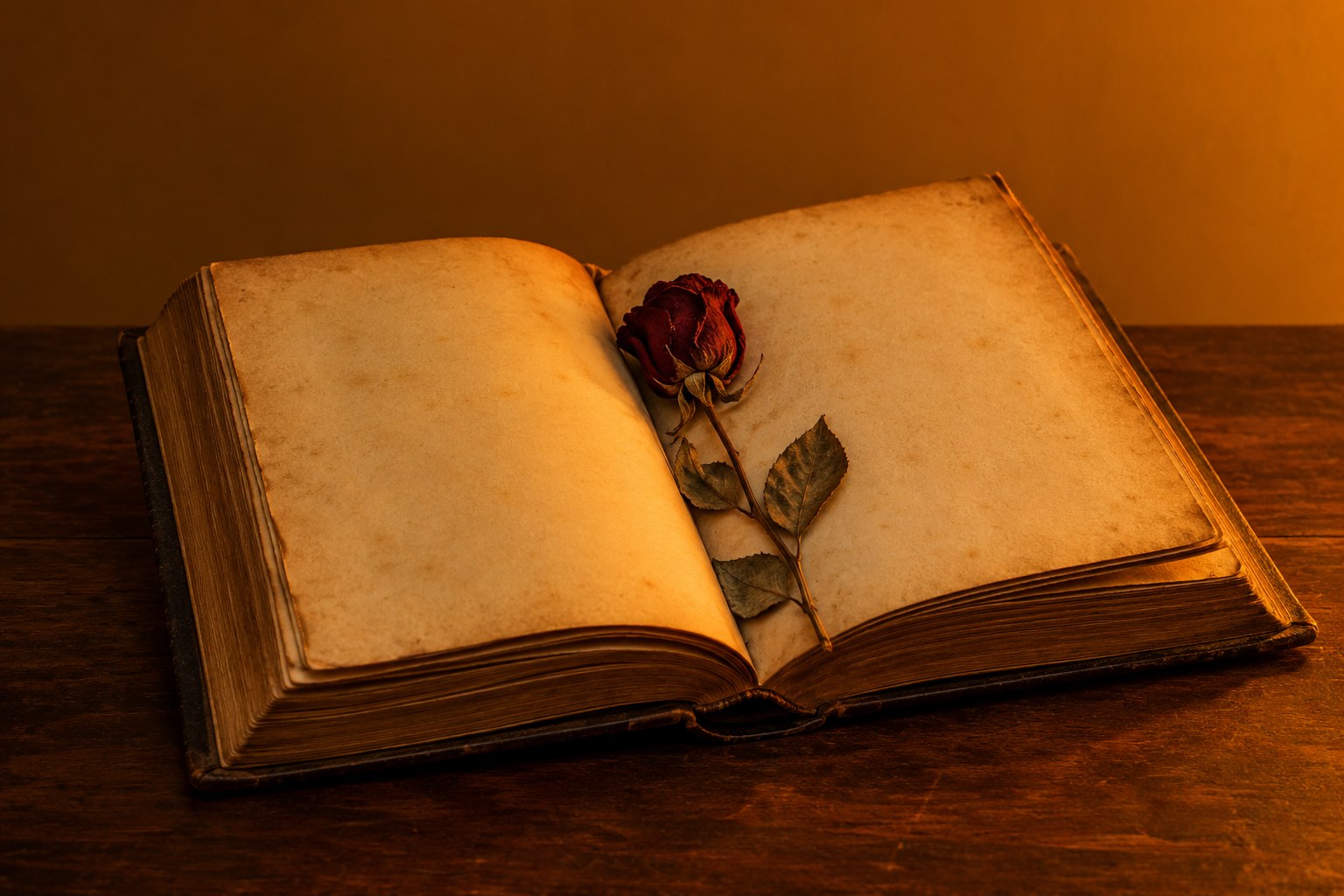 An open antique book with a dried red rose pressed between yellowed pages under amber light
