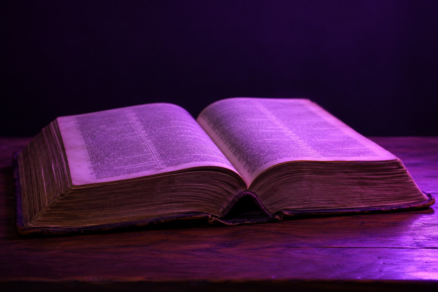 An old open dictionary on a wooden table under purple light