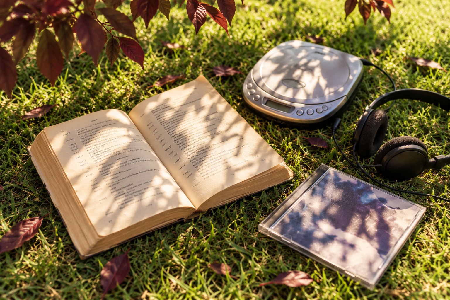 A worn paperback play lying open on sunlit backyard grass beside a silver Discman with headphones and a CD case, plum tree leaf shadows in 1990s Australia