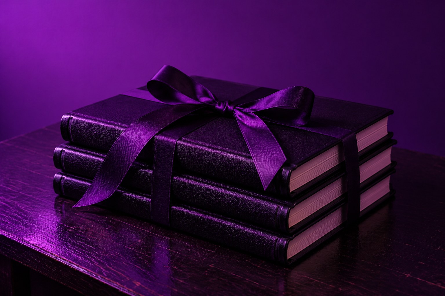 a stack of three black hardbound notebooks tied with a ribbon on a dark desk photographed in a studio