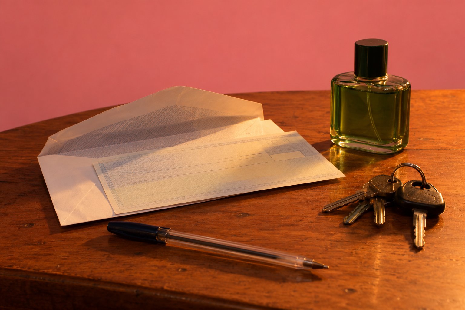 An opened envelope with a cheque, a pen, keys and a small cologne bottle on a wooden kitchen table.