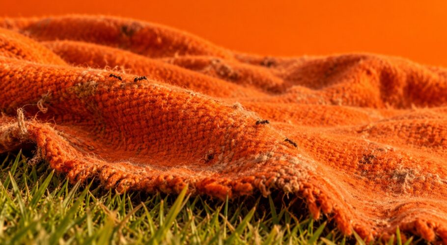 Worn orange blanket on grass with ants