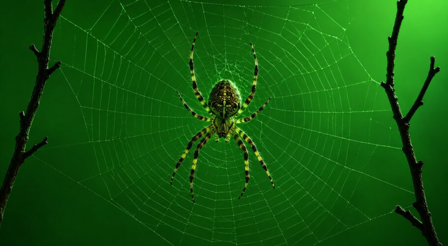 A large orb spider in the middle of its web against a dark studio backdrop
