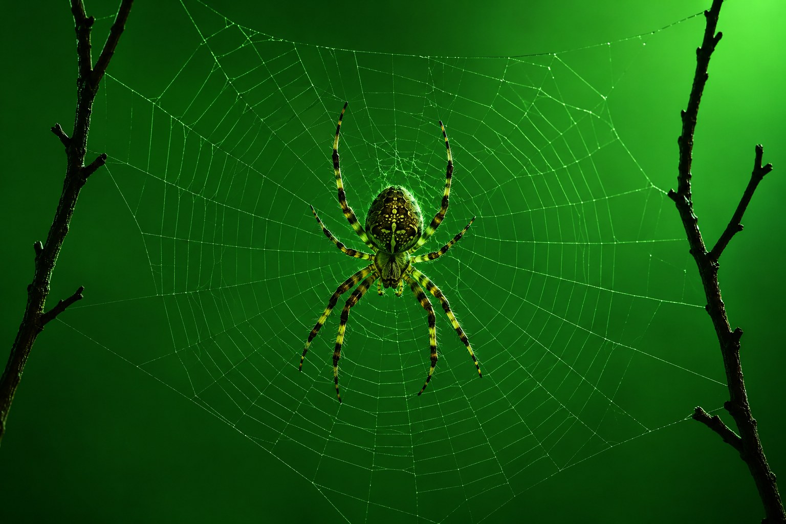 A large orb spider in the middle of its web against a dark studio backdrop