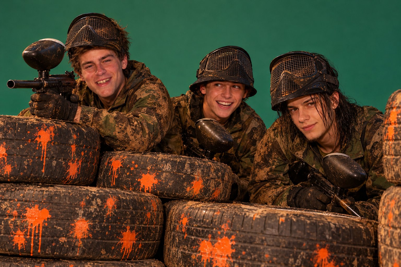 Players in muddy fatigues and wire masks crouch behind a tire wall splattered with orange paint during a paintball game.