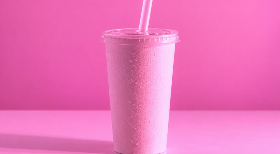 A tall plain paper milkshake cup with a lid and a straw