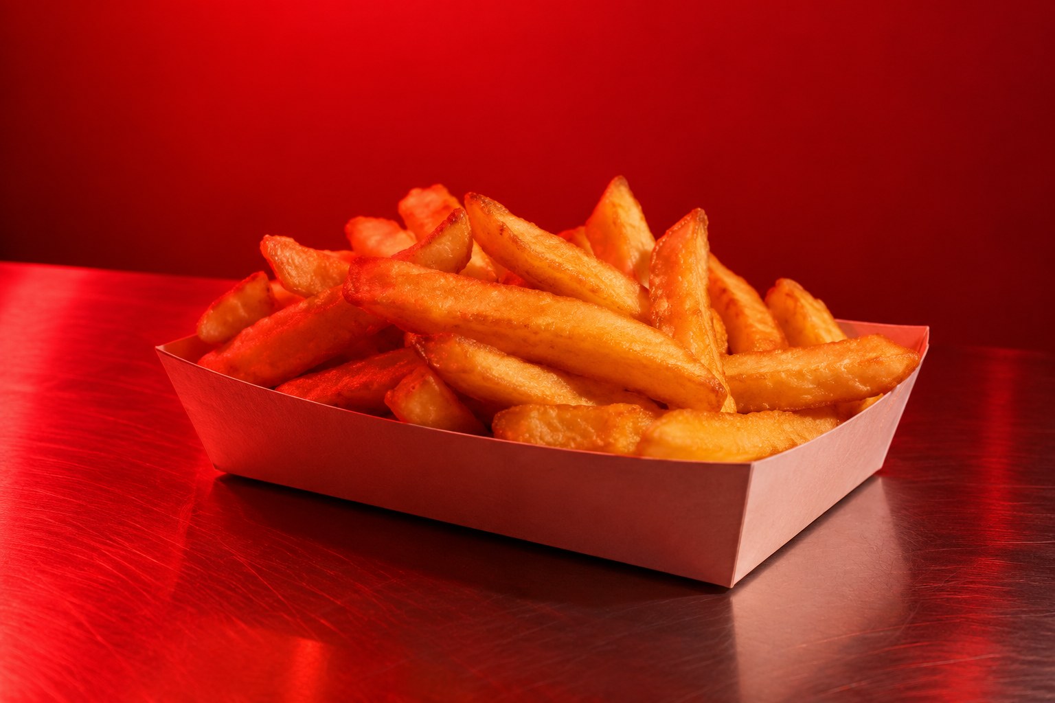 A paper tray of golden hot chips on a steel counter