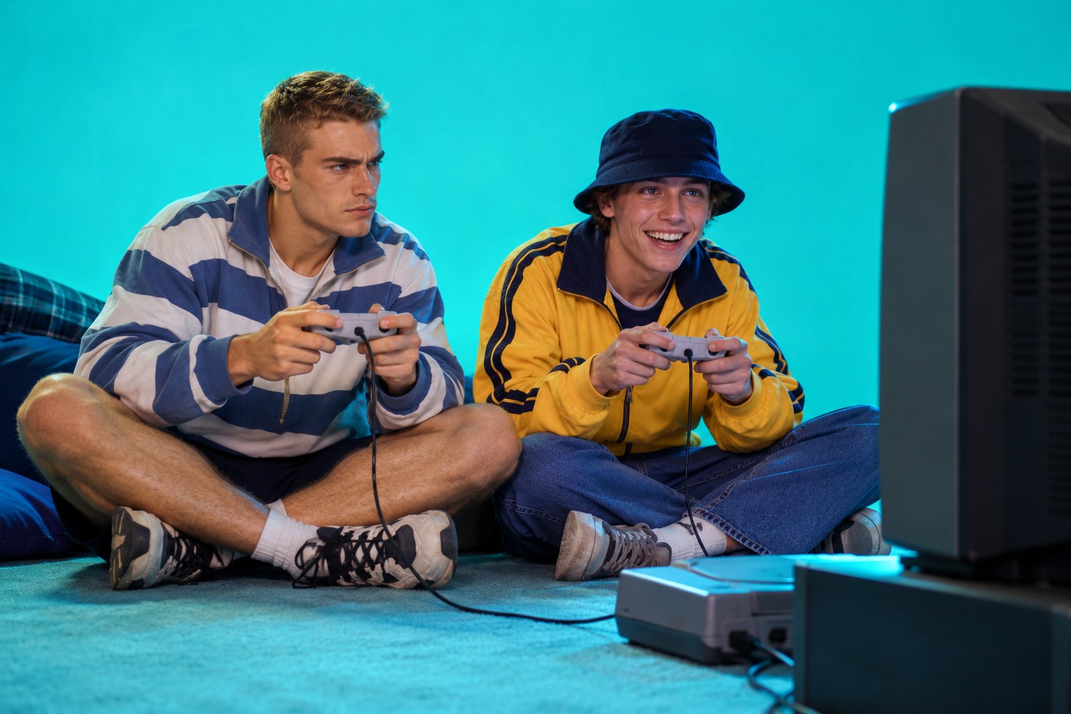A blond young man and a young man in a bucket hat sit side by side on a bedroom floor holding grey game controllers and playing soccer on a CRT television in 1990s Australia
