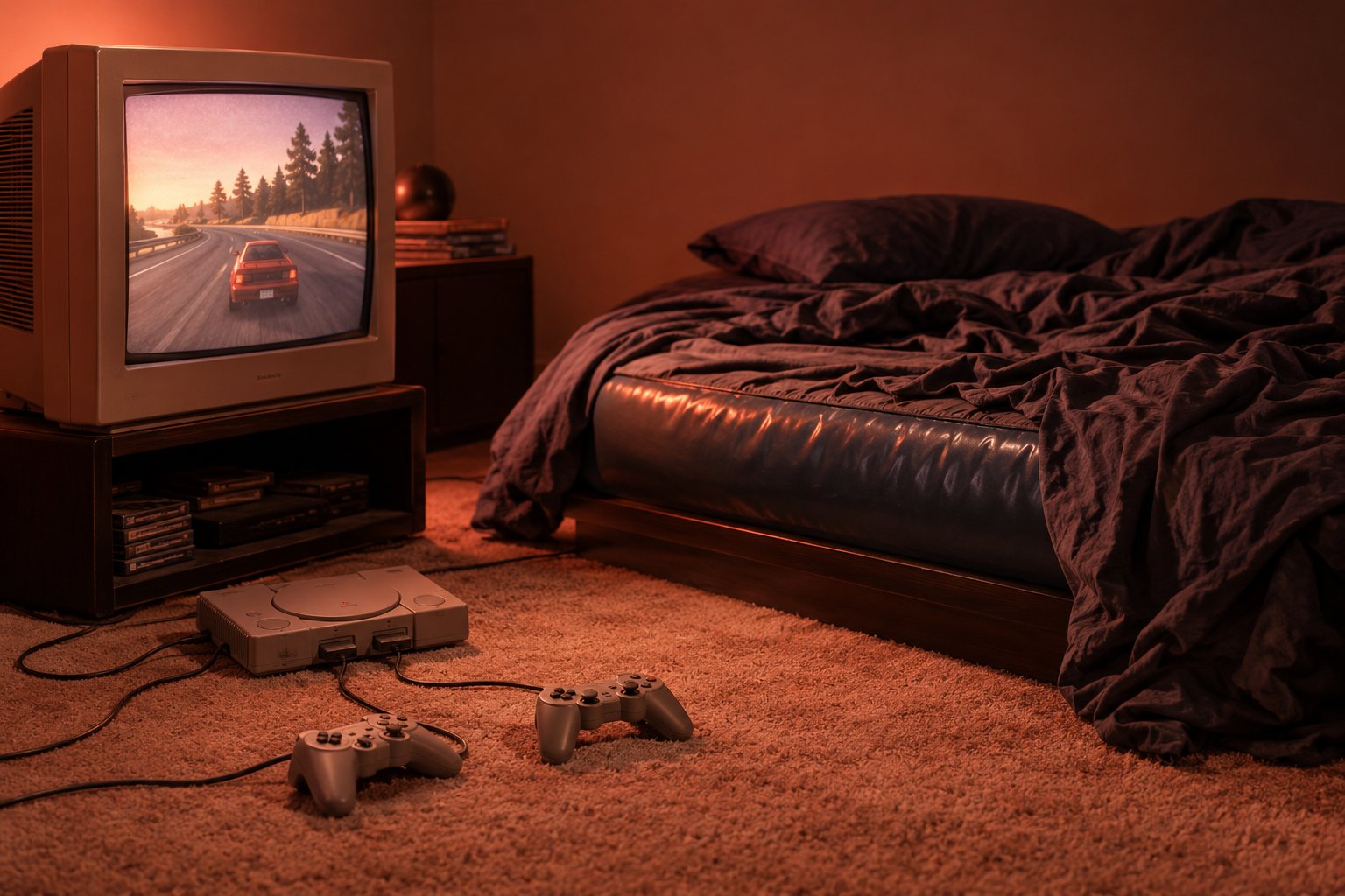A CRT television with a paused racing game, a games console and two controllers beside an unmade bed in a 1990s bedroom.