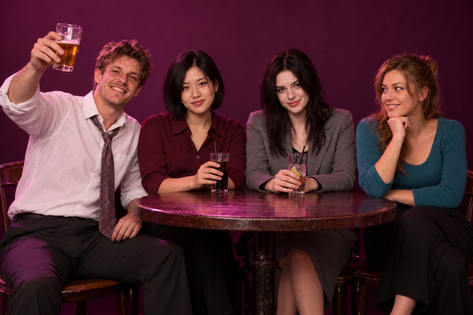 Four coworkers share drinks around a small table, one raising a glass, studio photograph in the style of 1999 Sydney