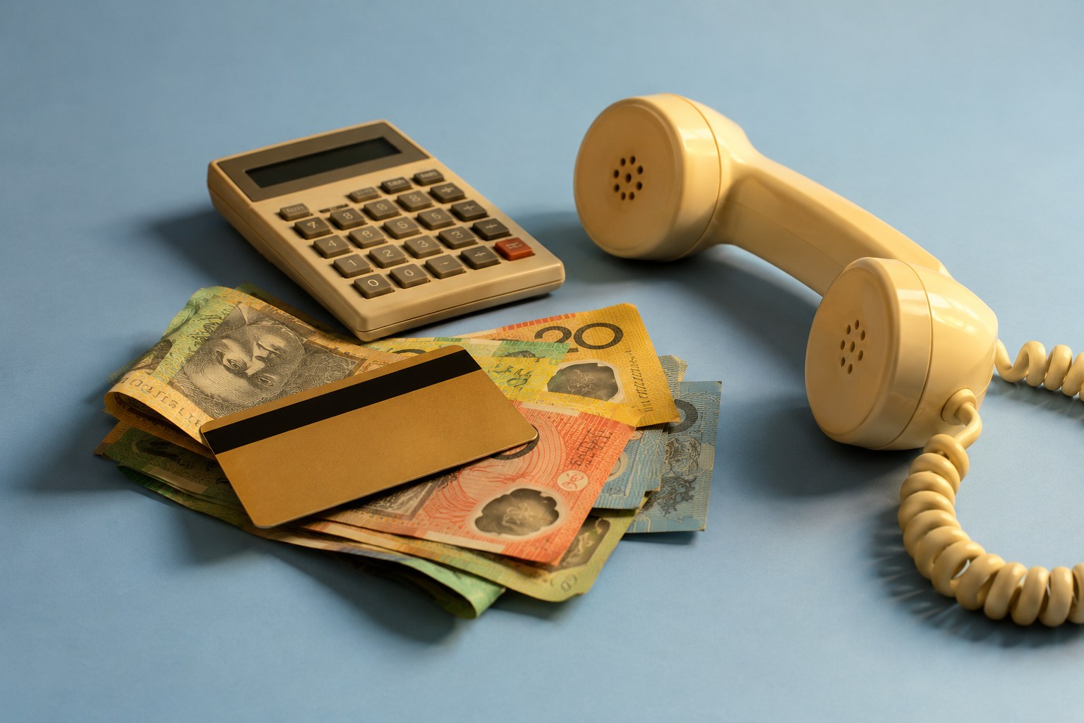 A bank card on folded banknotes next to a calculator and a phone receiver, studio photograph in the style of 1999 Sydney