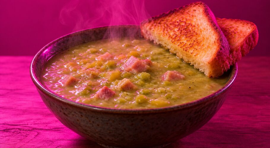 A bowl of green pea soup with two slices of toast on its rim
