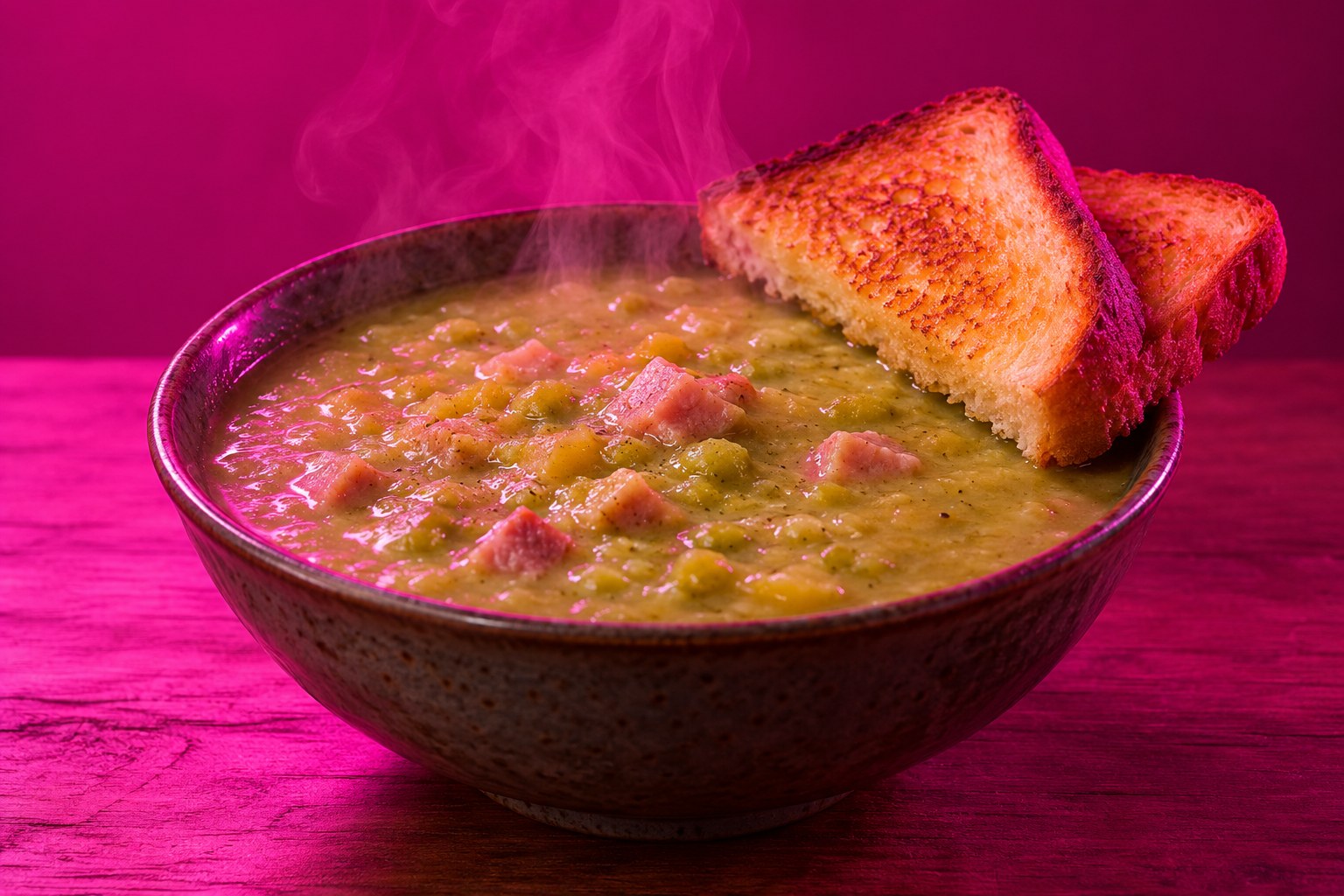 A bowl of green pea soup with two slices of toast on its rim