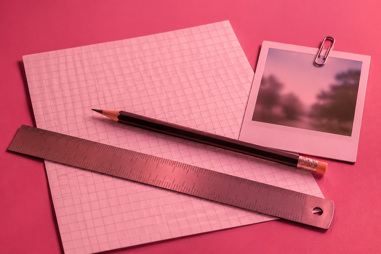 A pencil and ruler over a gridded drawing sheet beside a clipped photograph