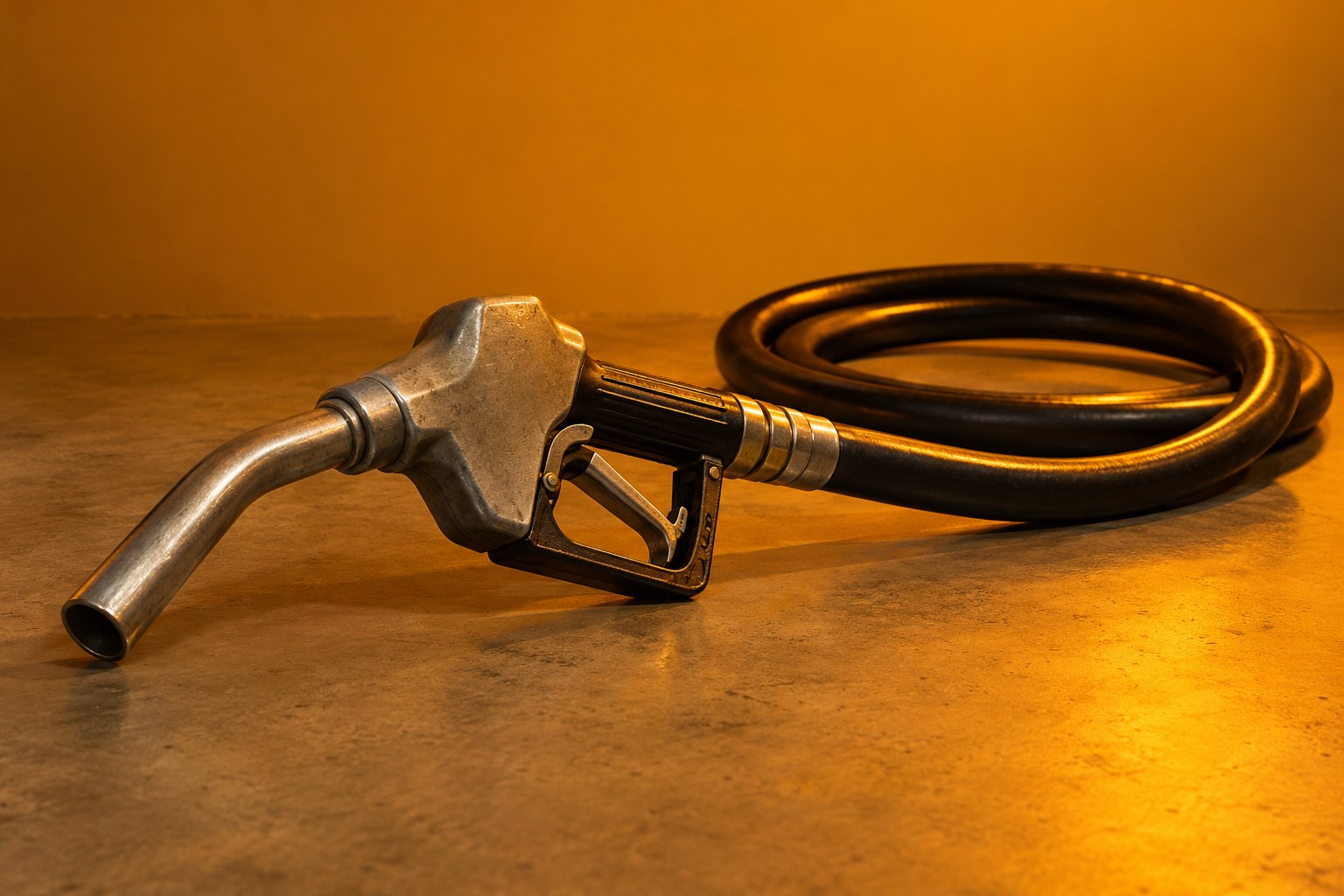 A grey petrol pump nozzle with a black hose on concrete under amber light