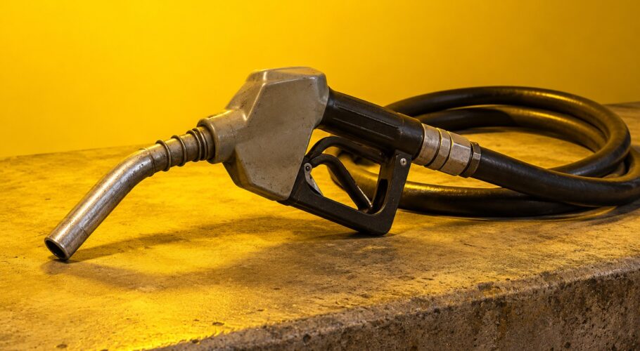 A petrol pump nozzle and hose waiting on a service station forecourt.