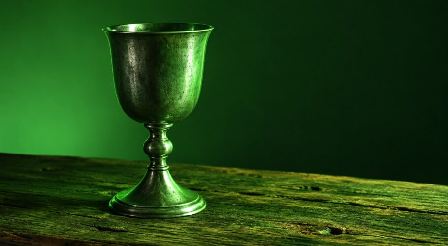 A pewter goblet standing on a rough oak table in green light