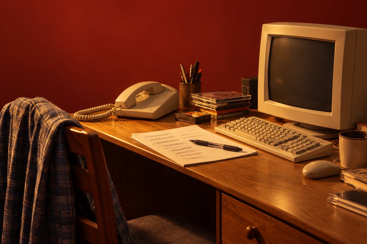 A corded phone, a crossed-out list and a pen on a cluttered desk beside a CRT monitor, 1990s Australia.