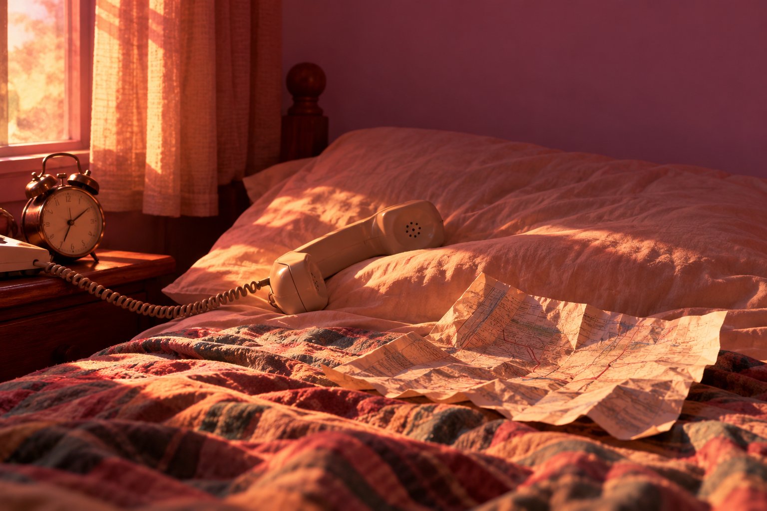 A corded phone handset on a rumpled pillow beside an alarm clock and a crumpled train timetable in a sunlit 1990s bedroom.