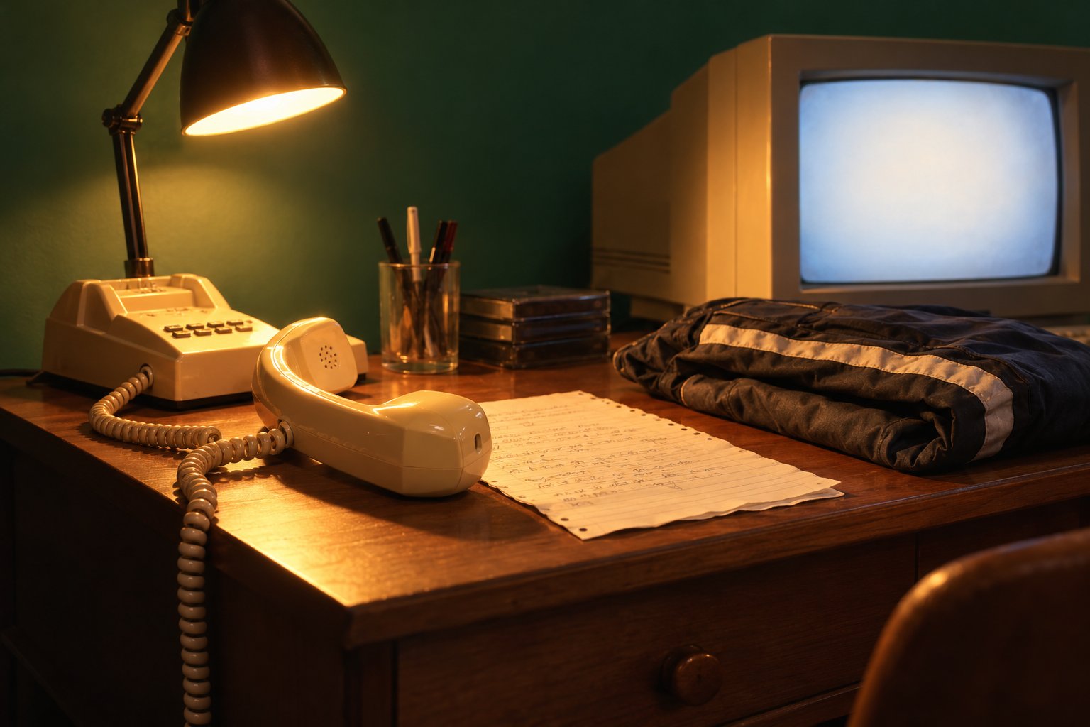 A corded phone handset beside a handwritten list of numbers and folded reflective pants on a bedroom desk in 1990s Australia.