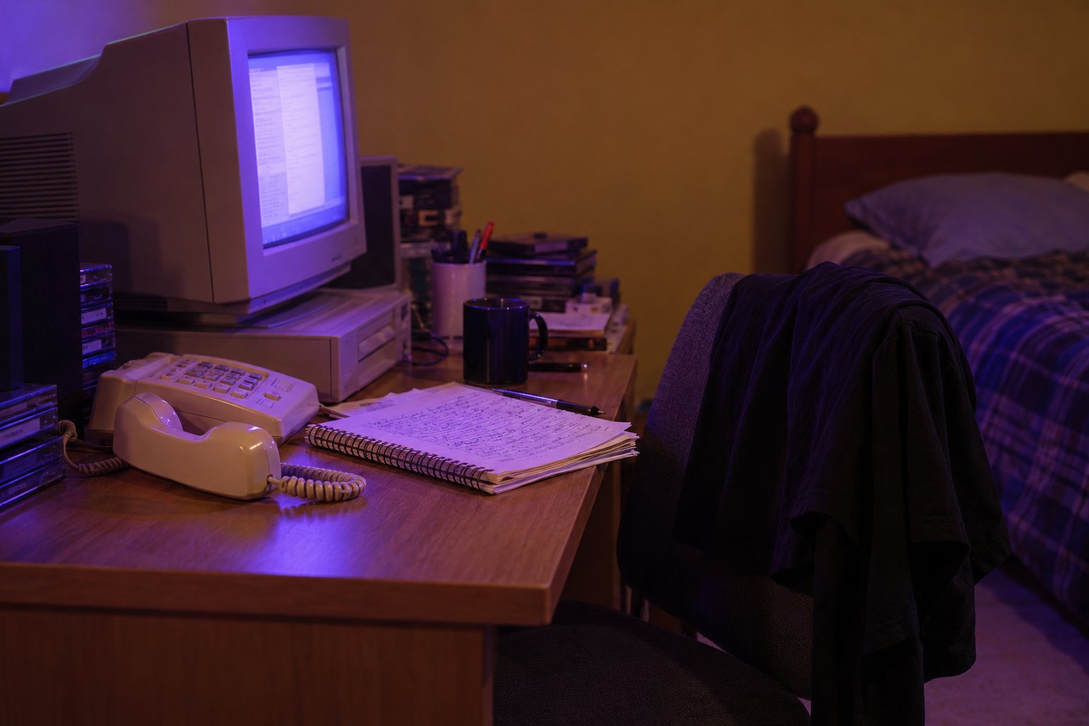 A corded phone off the hook beside a scribbled notepad on a bedroom desk with a glowing CRT monitor in 1990s Australia.