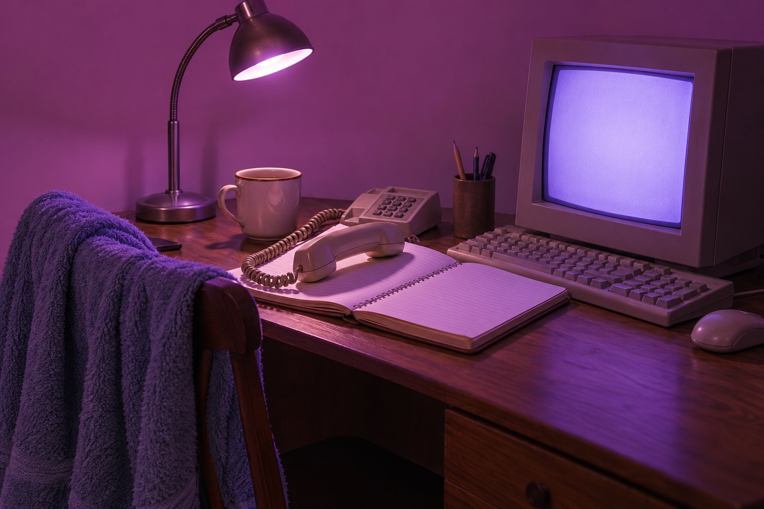A corded phone on an open diary beside a computer monitor and mug of tea in an evening bedroom, 1990s Australia.