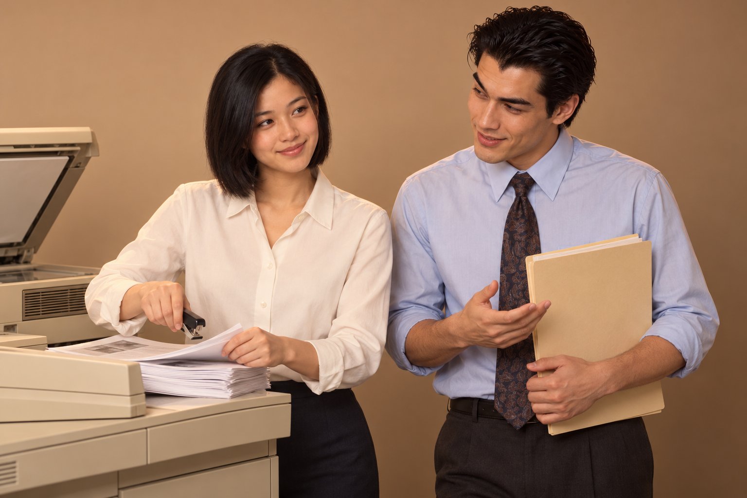 A young woman removes staples beside a photocopier while a young man in a tie chats, 1990s Australian office.