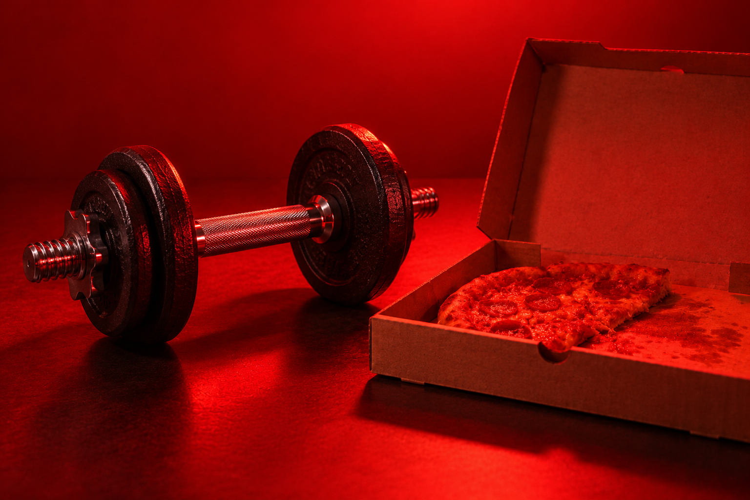 Cast iron dumbbell beside an open pizza box in red light