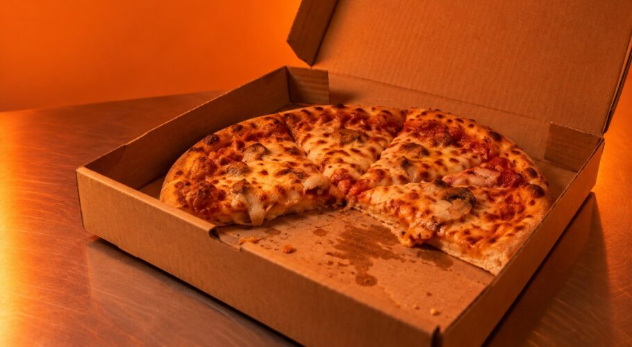 A closed cardboard pizza box on a wooden table