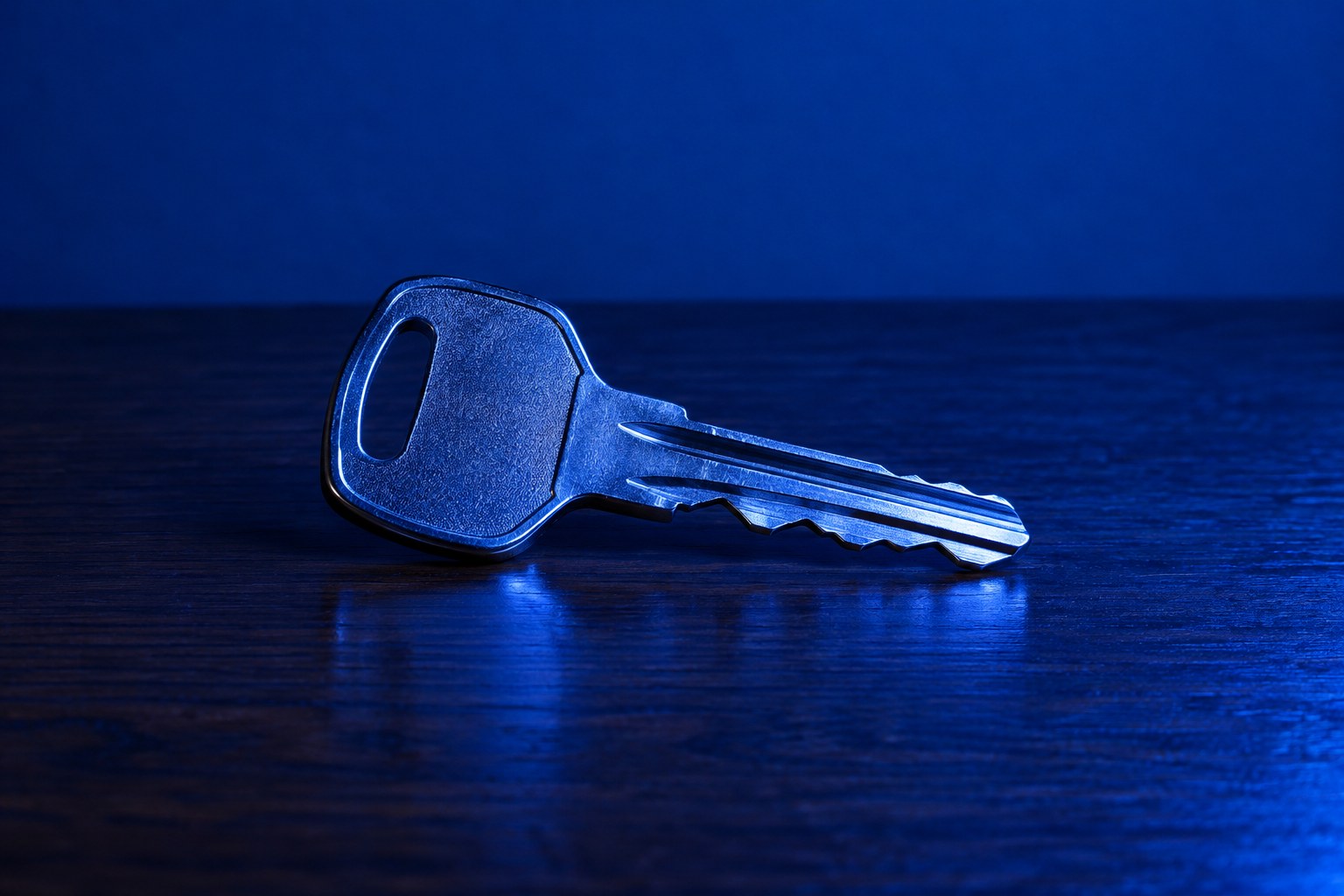 A single plain metal car key on a dark wooden table in blue light
