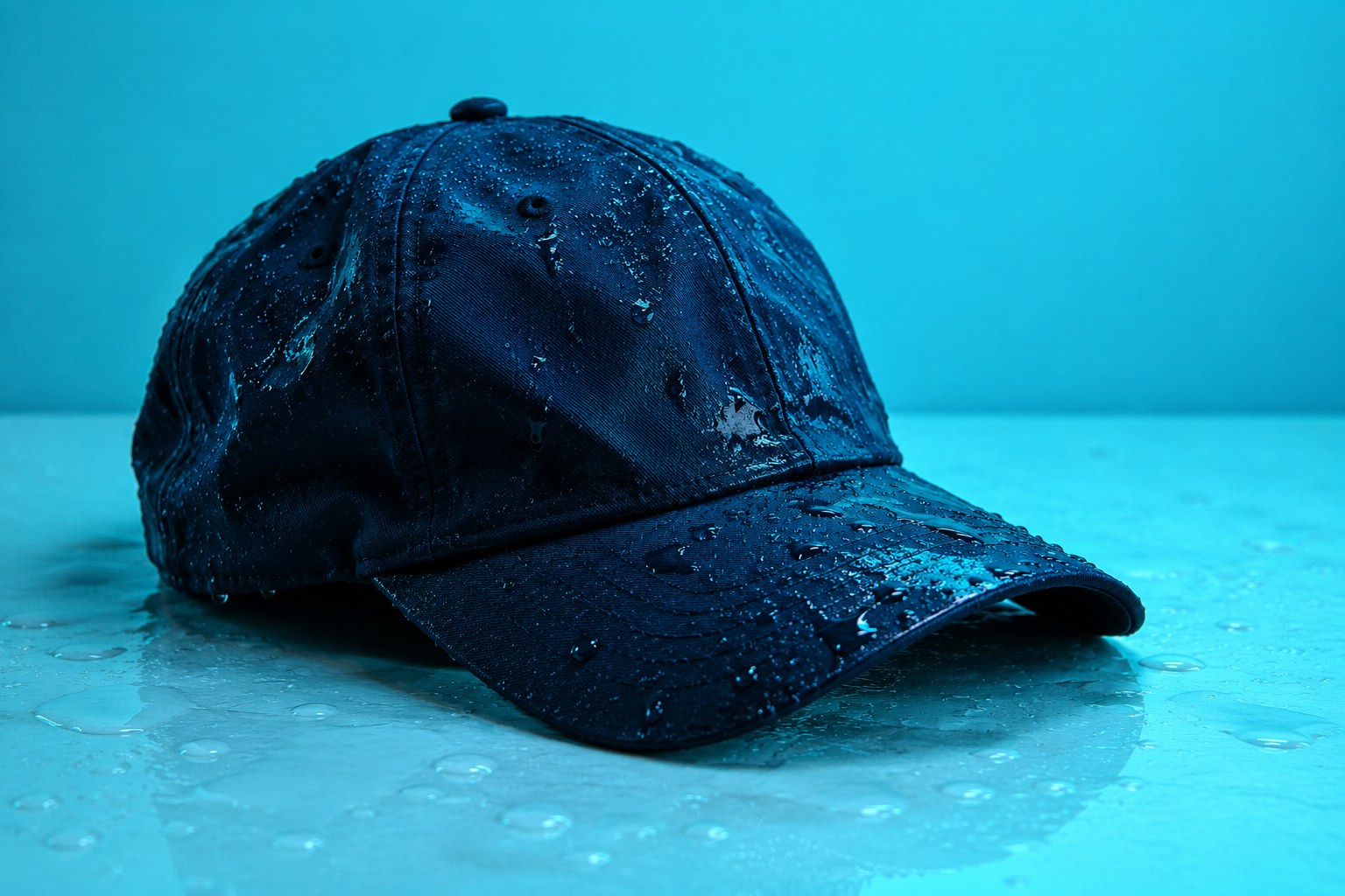 A plain navy baseball cap lying wet on a pale surface