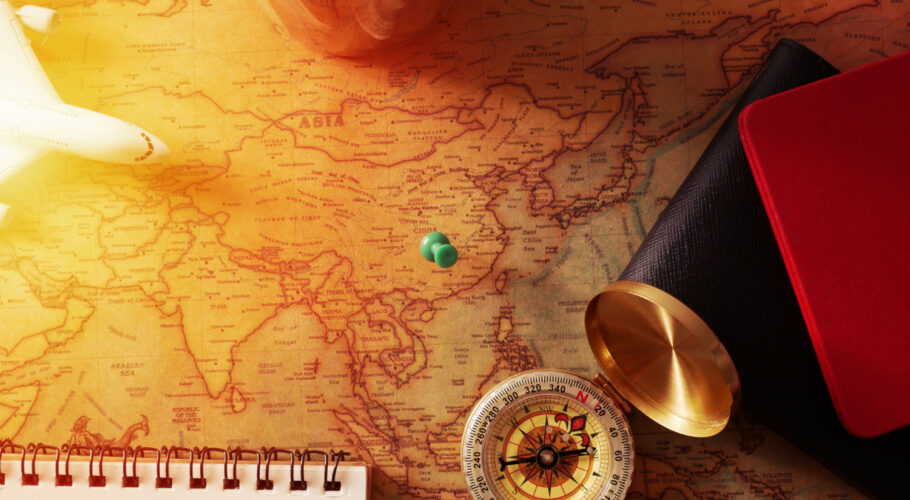 planning travel concept travel accessories sticky map passports luggage compass airplane cost travel maps prepared trip china