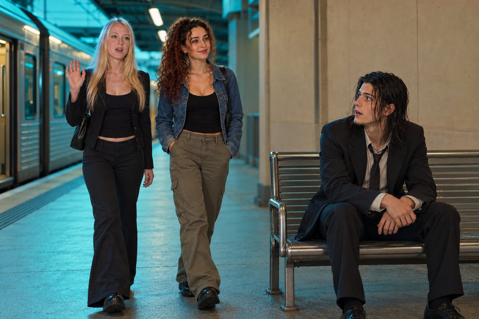Two young women walk along a train platform and one waves to a young man in a suit seated on a bench, 1990s Sydney.