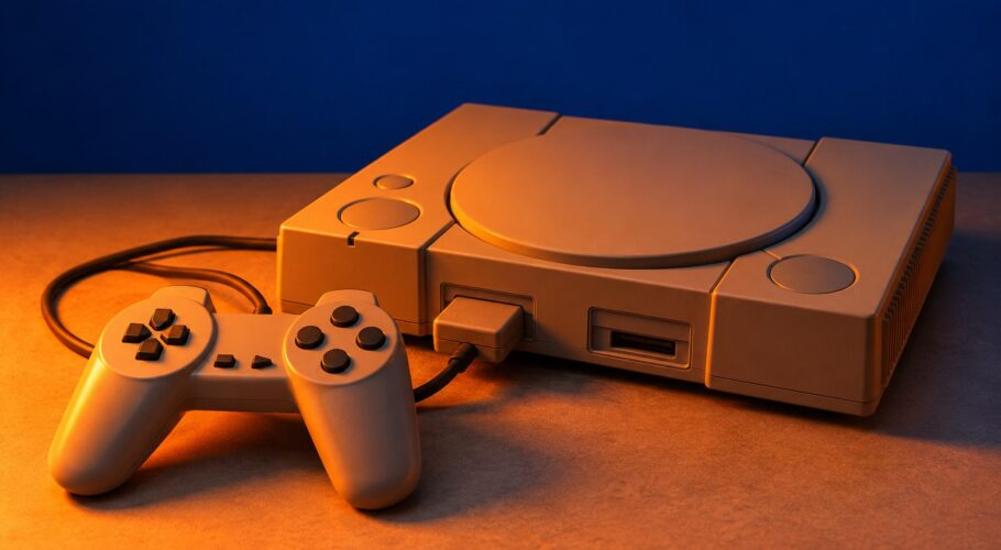 A grey 1990s games console with a gamepad under orange light