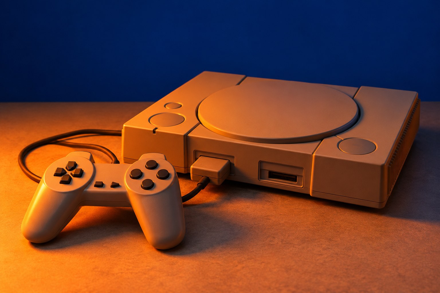 A grey 1990s games console with a gamepad under orange light