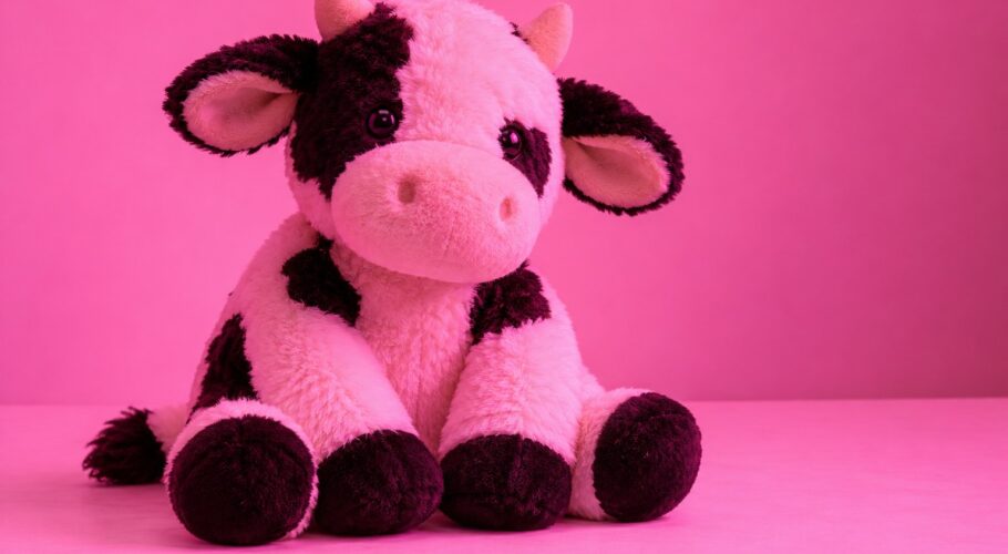 A soft plush toy cow with black patches and floppy ears
