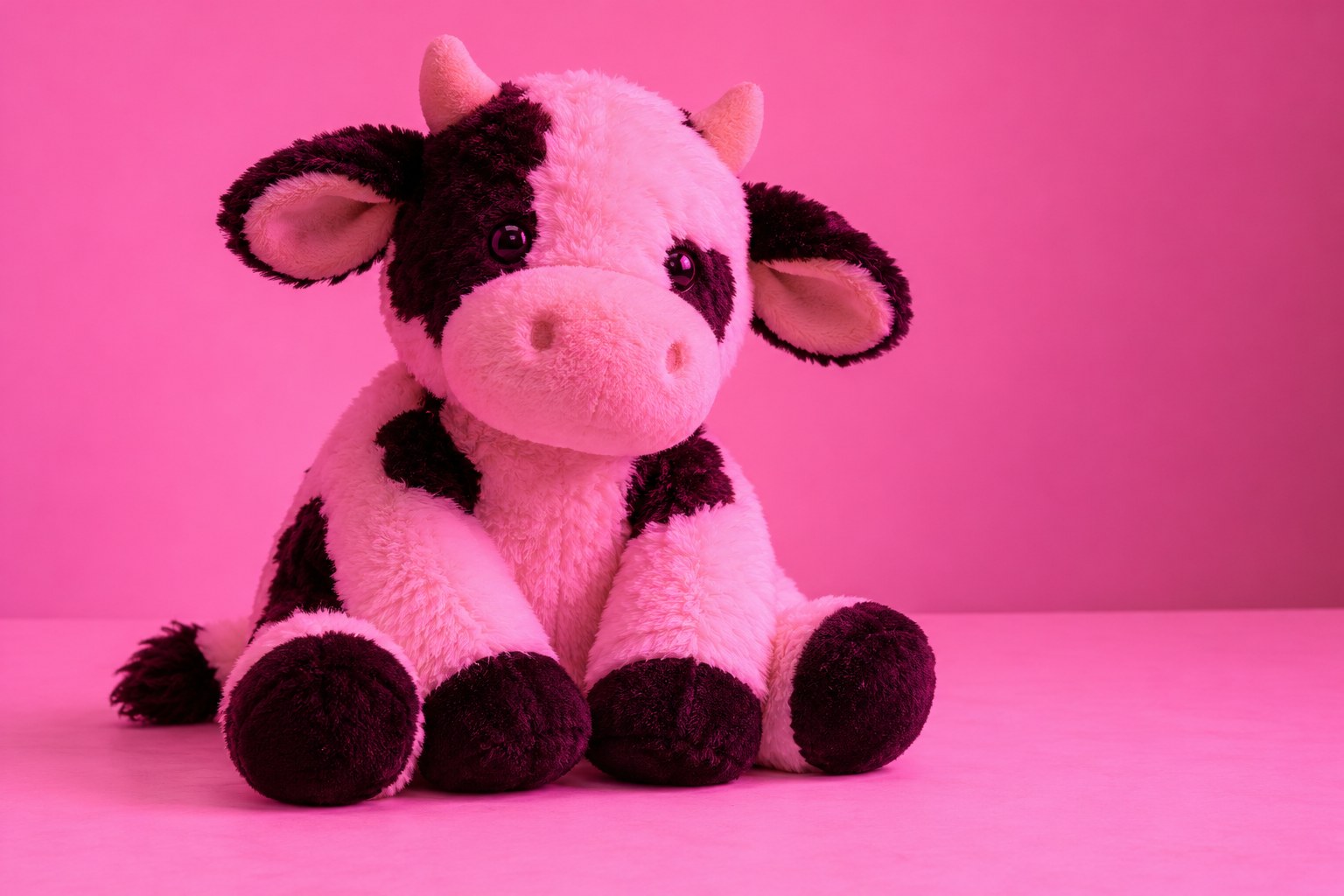 A soft plush toy cow with black patches and floppy ears